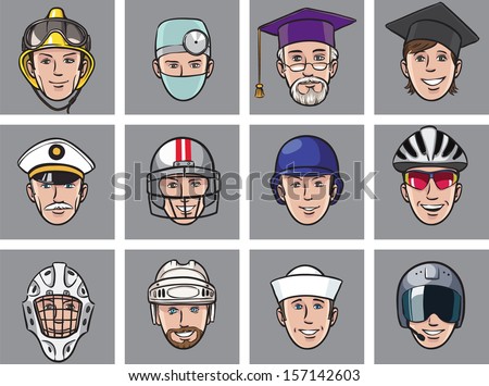 Vector illustration of cartoon avatar faces job occupations. Easy-edit layered vector EPS10 file scalable to any size without quality loss. High resolution raster JPG file is included.
