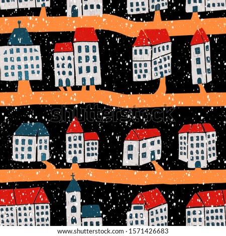 Hand drawn snowy street with cute houses and buildings. 
