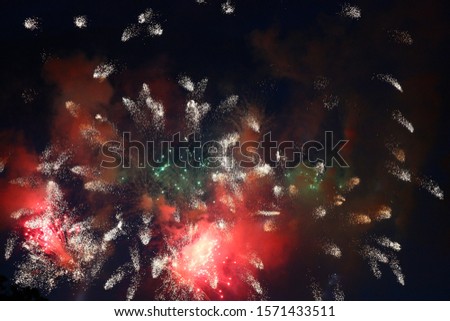 In the night sky fireworks explosions have created a fantastic picture of flying fires.