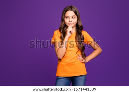 Portrait of her she nice attractive charming lovely sweet smart clever brainy sly wavy-haired girl creating idea isolated over bright vivid shine vibrant lilac purple violet color background Royalty-Free Stock Photo #1571441509