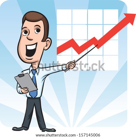 Vector illustration of businessman standing pointing at chart. Easy-edit layered vector EPS10 file scalable to any size without quality loss. High resolution raster JPG file is included.