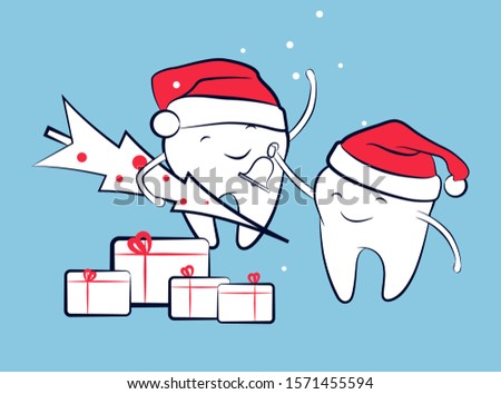 Teeth in a Santa hat with a bell and a Christmas tree. Cute cartoon winter holiday design element. Merry christmas and Happy New Year.