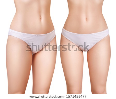 Collage of beautiful slim female body. Isolated on white background.