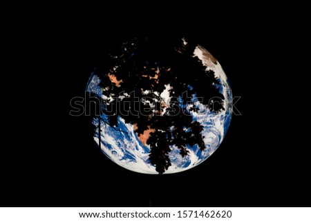 Earth globe balloon, illuminated. Contrasting shadow. Out of focus tree branch silhouette.