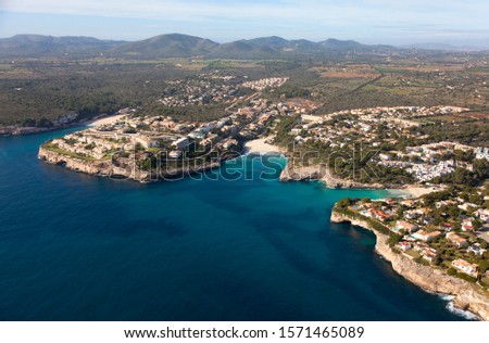 Aerial View of Cala Mendia and Cala Anguila, Majorca, Balearic Island,  Spain.