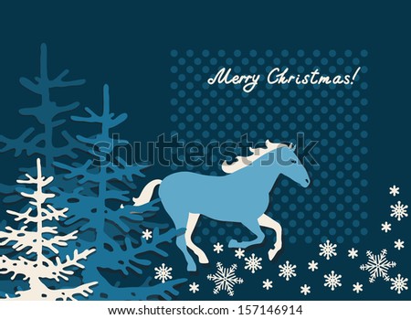Christmas and New Year background with horse, xmas retro gift template, abstract beautiful card, stylized forest with graphic christmas trees for design 