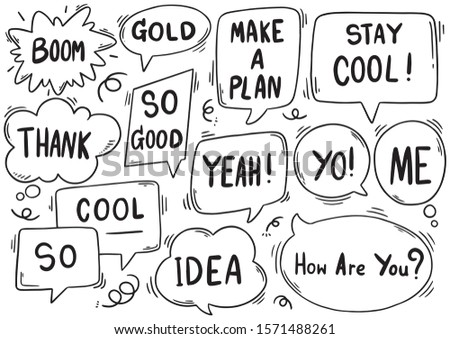 hand drawn background Set of cute speech bubble eith text in doodle style 