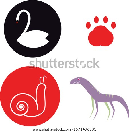 Set of flat vector characters : swan, snail, paw and dinosaur for kids logo design