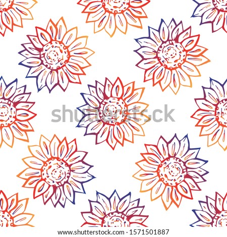 Thanksgiving seamless pattern with hand drawn sunflower on white background. Gradient from orange and deep violet. Suitable for packaging, wrappers, fabric design