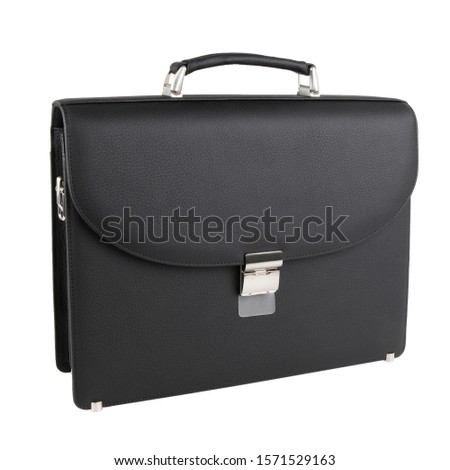 New fashion male business bag or briefcase in black leather. Without 
shadows. Isolated on white background Royalty-Free Stock Photo #1571529163
