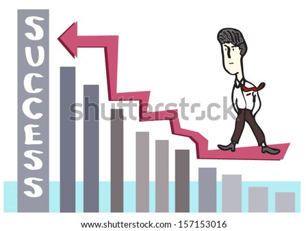 Businessman walking on the red arrow above the bar chart to success