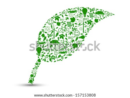 Vector ecology concept - leaf design element made from icons and signs