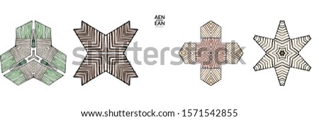 Abstract geometric shape with roughly hand drawn black lines and colored stripes. Striped symmetrical geometrical symbol. Vector isolated on white. Properly grouped for black outline and colored part.