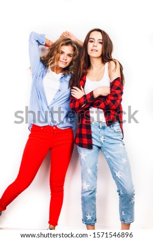 best friends teenage girls together having fun, posing emotional on white background, besties happy smiling, lifestyle people concept close up. making selfie