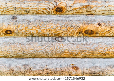 Wooden brown boards with texture as clear background. Fragment of wood house wall from logs with knots, horizontal image