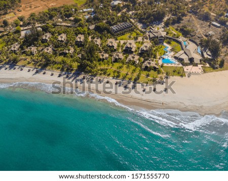 An aerial shot of a beach shore near buildings and trees at daytime