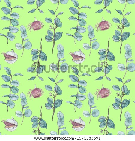 Watercolor seamless pattern of eucalyptus leaves and flowers. Drawn by hand, on a green background. For creating wallpapers, wrapping paper, backgrounds, covers, design, textiles and fabrics