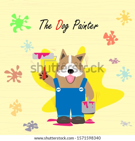 Painter colors the wall.A dog is holding a paint roller in hand. Staircase a bucket
