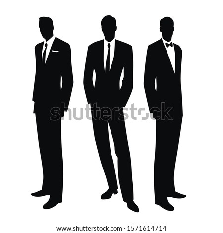 Silhouettes of three men in the retro style of the 50s or 60s isolated on white background