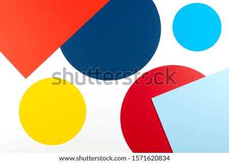 Abstract colored paper texture background. Minimal geometric shapes and lines in pastel blue, red, yellow, navy, white colors