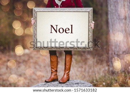 A selective shot of a person holding a picture frame with word "Noel" written as a text