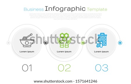 Set line Honey dipper stick and bowl, Honeycomb and hands and Bee and honeycomb. Business infographic template. Vector