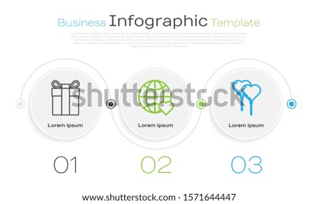 Set line Gift box, The heart world love and Balloons in form of heart with ribbon. Business infographic template. Vector