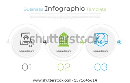 Set line Bag of food for dog, Cage for birds and Dog. Business infographic template. Vector