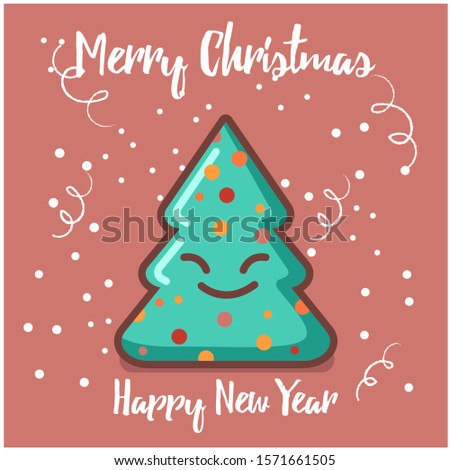 Vector  flat cartoon illustration of a card with a smilling christmas tree and lettering