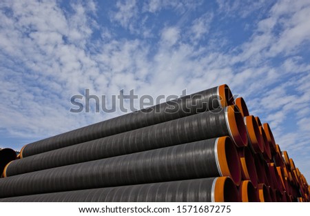 Pipes of the Baltic Sea gas pipeline from Russia to Germany, ferry port Sassnitz, Ruegen Island, Germany,