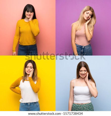 Set of women over isolated colorful backgrounds with toothache