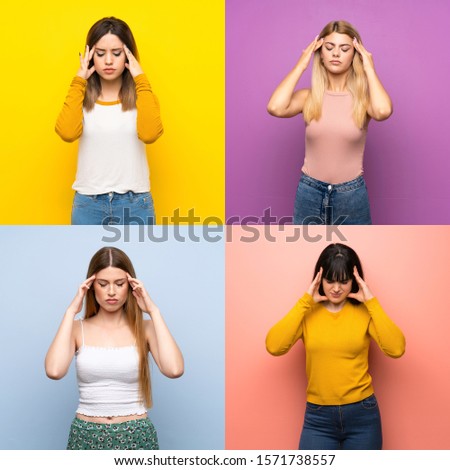 Set of women over isolated colorful backgrounds with headache