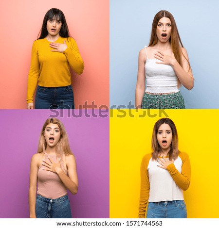 Set of women over isolated colorful backgrounds surprised and shocked while looking right