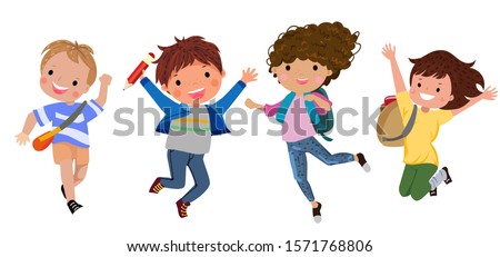 little kids jumping at school isolated in white