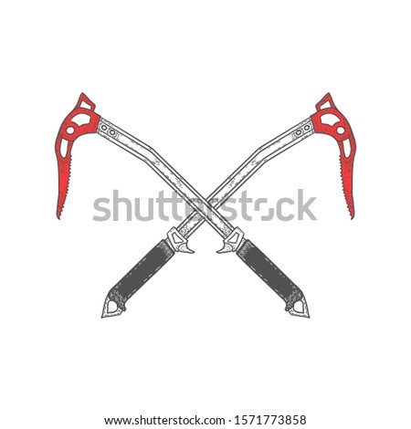 Hand Drawn Crossed Ice Axes Logo or Label. Mountaineering Tools. Vector illustration