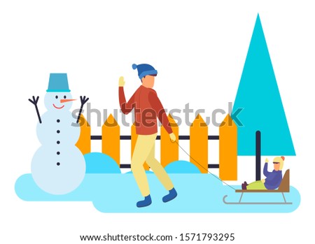 Father carrying daughter sitting on sleigh in winter park. Happy parent and child walking with sledge snowman and fir-trees in frost season. Leisure of dad and childing on white snowy land vector