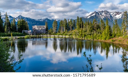Mount Baker, Washington - USA. Pool Pond Reflection Summer Artist Point Mount Baker Highway Pacific Northwest Washington State Snow Mountain Grass Trees.