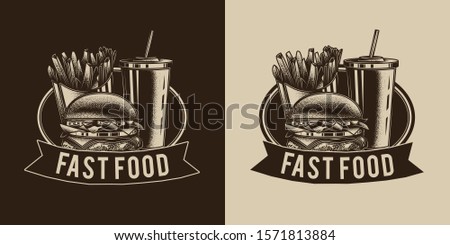 Original monochrome vector logo of fast food in retro style. French fries, a glass of soda, a hamburger.