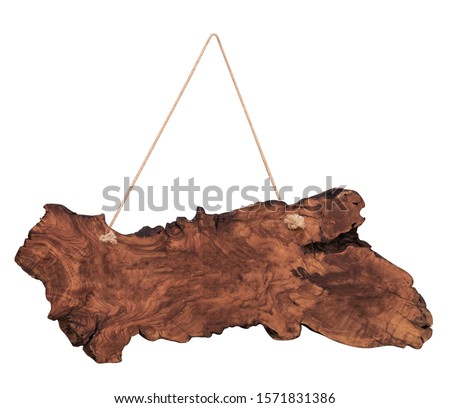 wooden rustic signboard hanging from a rope, isolated on white background