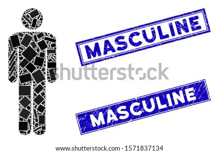 Mosaic man icon and rectangle Masculine stamps. Flat vector man mosaic icon of randomized rotated rectangular elements. Blue Masculine rubber stamps with grunge texture.