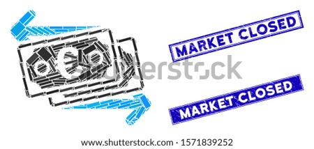 Mosaic Euro banknotes change icon and rectangular Market Closed rubber prints. Flat vector Euro banknotes change mosaic icon of random rotated rectangle elements.