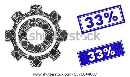 Mosaic cog pictogram and rectangular 33% seal stamps. Flat vector cog mosaic pictogram of scattered rotated rectangle elements. Blue 33% rubber stamps with distress textures.