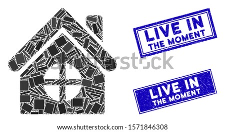 Mosaic house building icon and rectangular Live in the Moment stamps. Flat vector house building mosaic icon of scattered rotated rectangular elements.