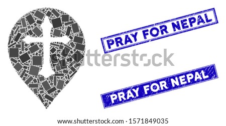 Mosaic Christian cross marker pictogram and rectangle Pray for Nepal stamps. Flat vector Christian cross marker mosaic pictogram of randomized rotated rectangle elements.