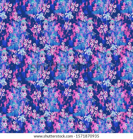 Abstract flowers and leaves mix repeat seamless pattern. watercolor and digital hand drawn pattern. mixed media background for textile decoration and design