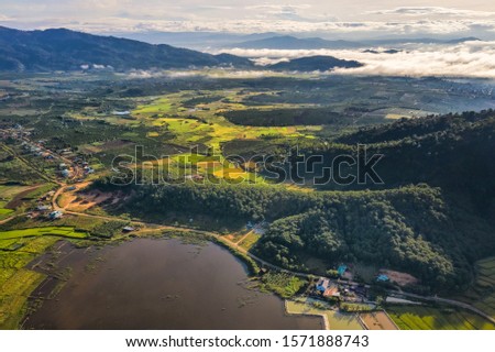 Aerial view of Ngo Son rice field, Gia Lai, Vietnam. Royalty high-quality free stock image landscape of terrace rice fields in Vietnam