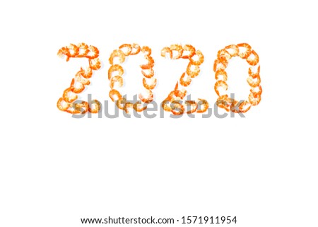 New year 2020 made of dried shrimp  isolated on white background.Food art idea.