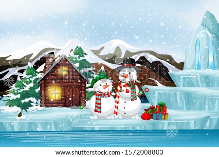Scene with snowman and present in winter time illustration