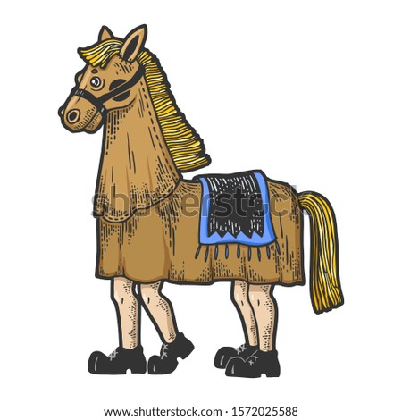Horse costume in theater sketch engraving vector illustration. T-shirt apparel print design. Scratch board style imitation. Black and white hand drawn image.