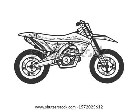 Motocross off road motorcycle sketch engraving vector illustration. T-shirt apparel print design. Scratch board imitation. Black and white hand drawn image.
